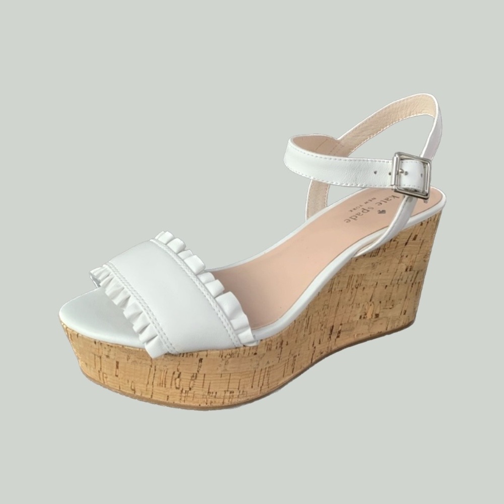 Kate Spade Tomas White Leather Cork Wedge Sandals